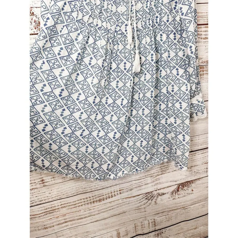 Free People Women's Geometric Long Sleeve Boho Mini Dress White Blue Small
